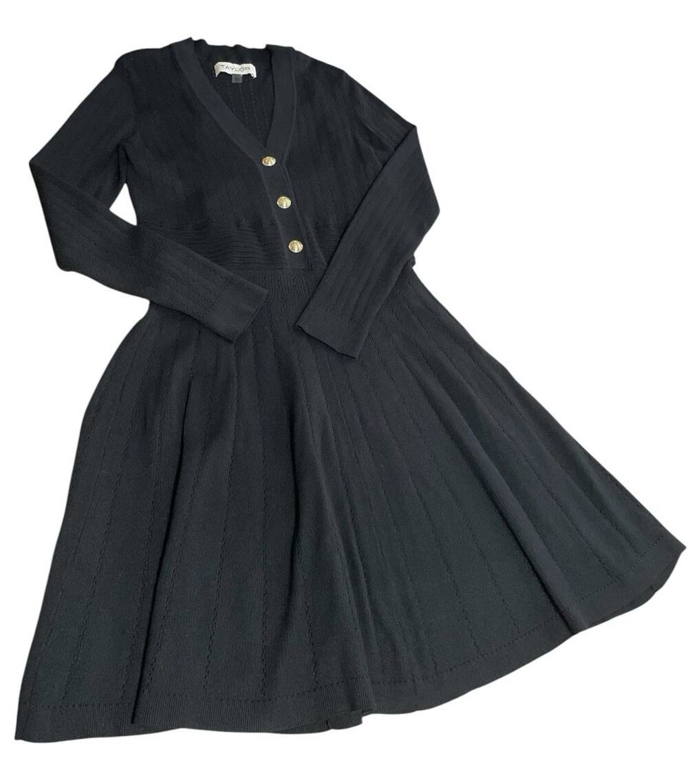 Taylor Black Knit Sweater Dress Women’s L Gold Button Fit Flare Long Sleeve